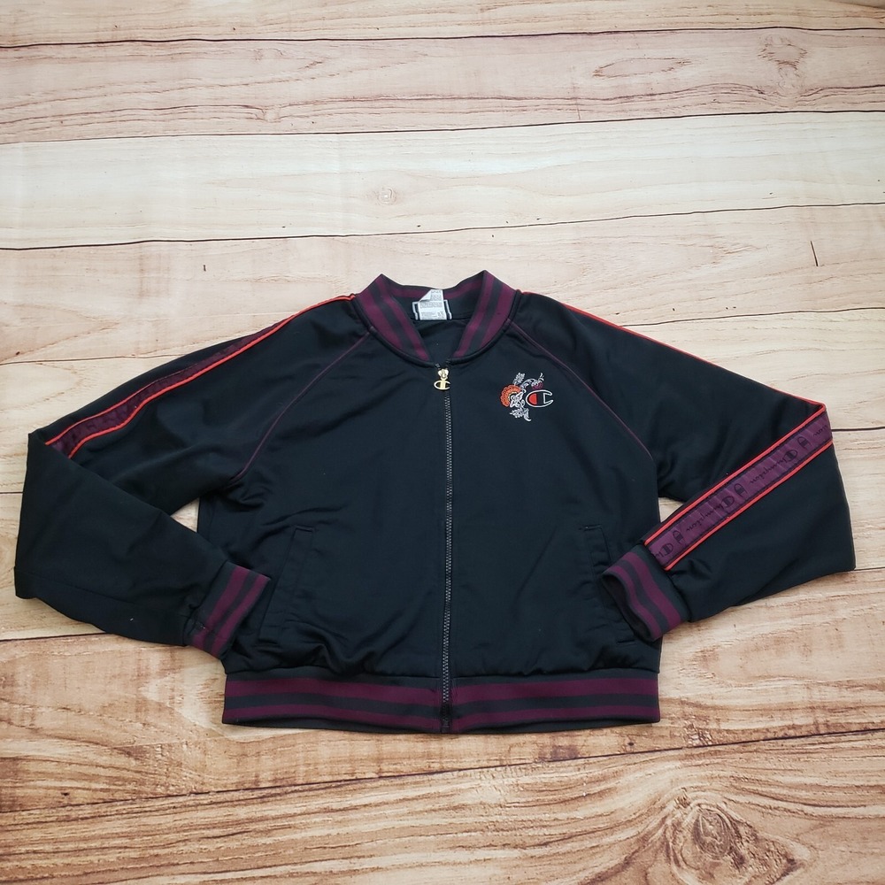 Champion Jacket Womens Large Black Purple Track Athletic Workout AOP Logo Ladies